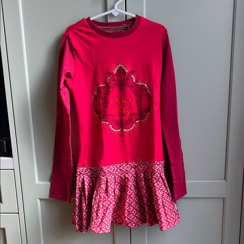 Oilily Red Long Sleeve Dress with Patterned, Flouncy Bottom. Size 10